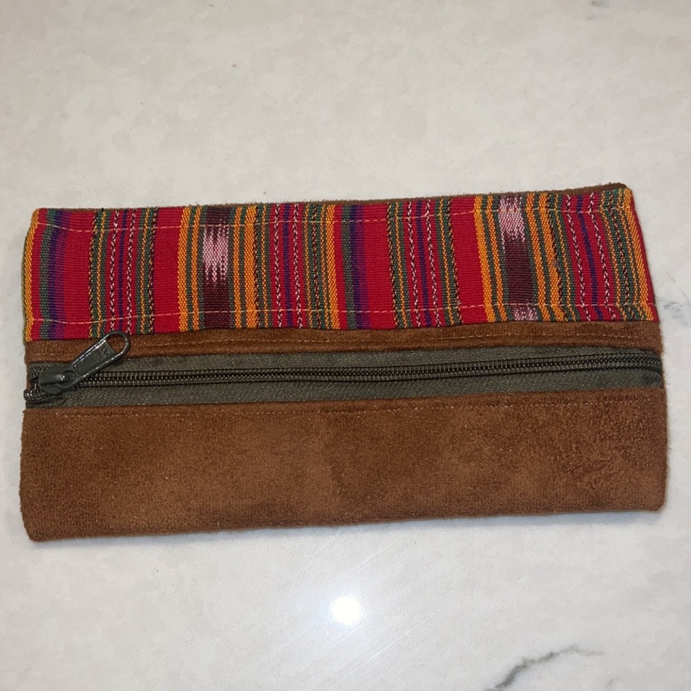 Brown Suede & Multicolor Caribbean Zip Up Clutch Pouch 9x5” Colorful Stripe - Picture 2 of 4